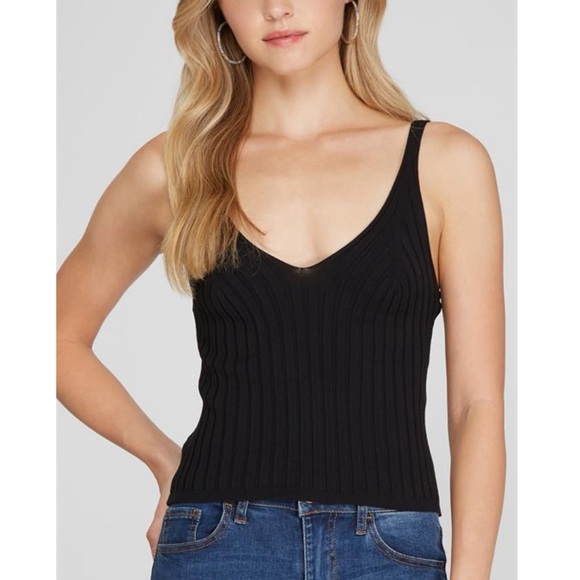 She + Sky Ribbed Knit Lightweight Sweater Tank Top V Neck in Black (s, m, l) - Picture 1 of 11